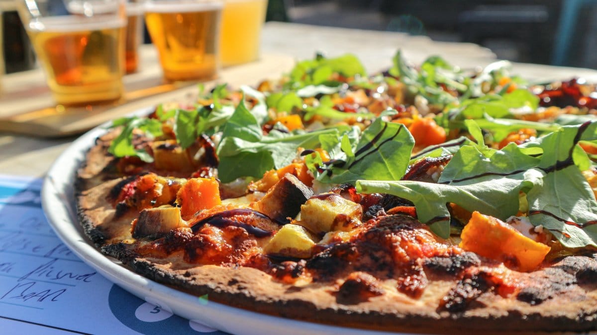 Close-up of pizza at Brewmoon in the Christchurch area